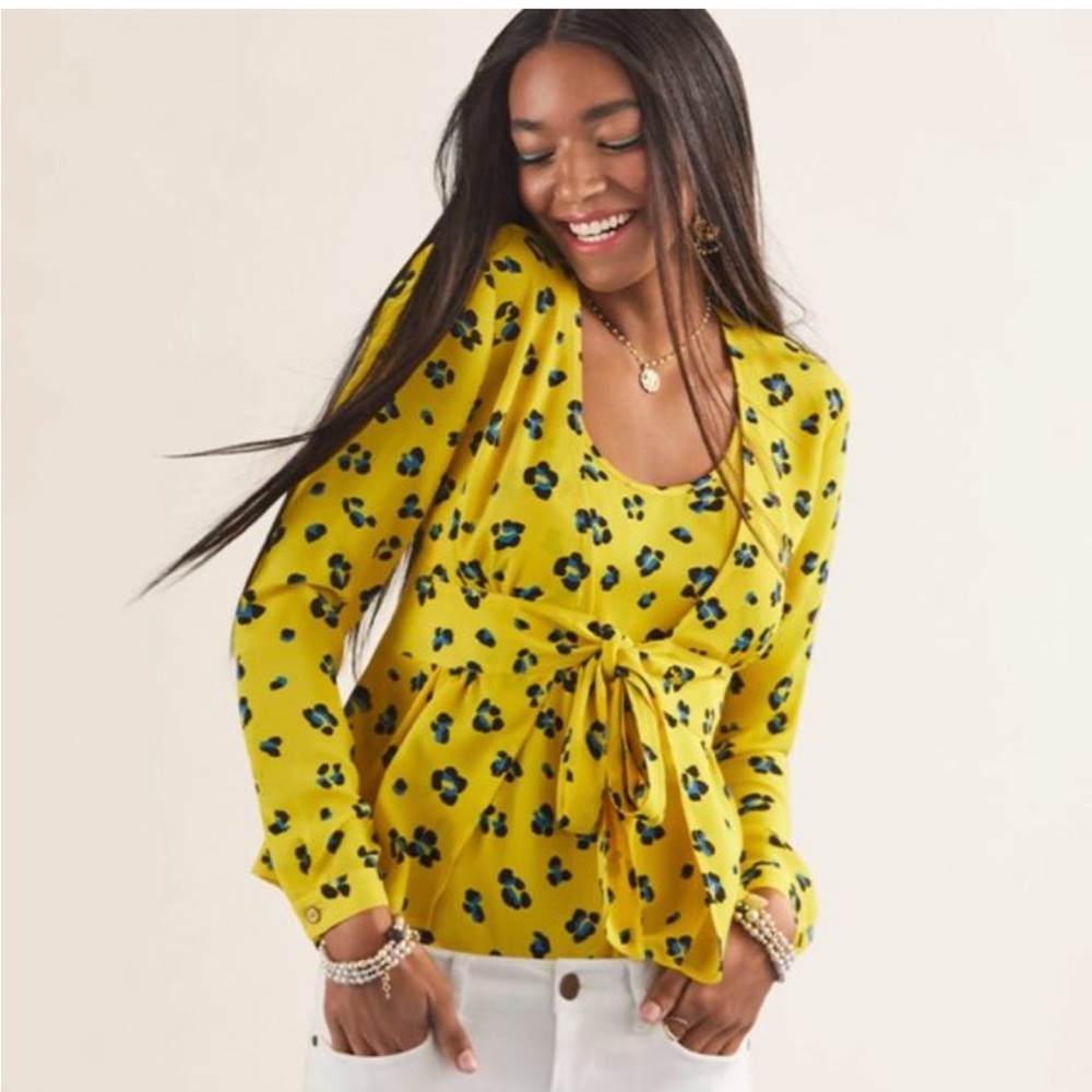 CAbi Yellow Floral Blouse with Tie Detail